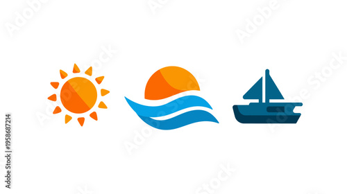 Bright sun, ocean waves, and sailboat icons on white background. Concepts of summer vacation, travel, sea, and beach holidays.