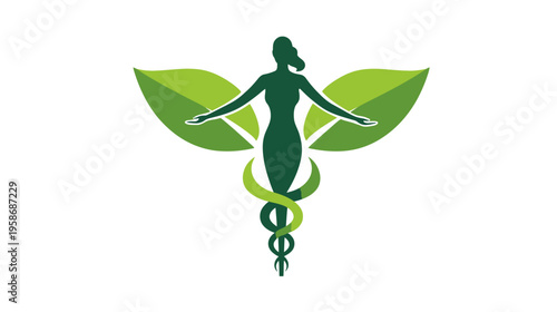 Graceful female figure with green leaves and healing caduceus for holistic natural wellness and organic health