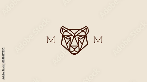 Modern geometric line art feline head icon, minimalist abstract big cat emblem design, wild animal symbol on a light beige background.