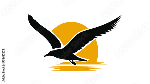 Flying bird silhouette with sun at sunrise or sunset, vector graphic design element for nature, freedom, travel concepts