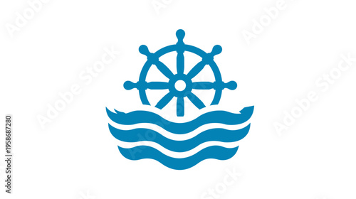 Stylized blue ship's wheel above ocean waves. Marine helm symbol for navigation, travel, sea adventure, and transportation concepts on white.