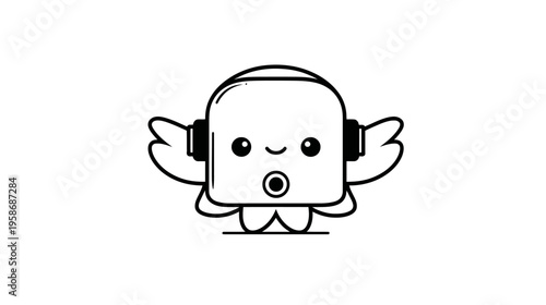 Cute surprised character wearing headphones, listening to music. Adorable simple black and white line art cartoon illustration.