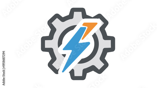 Industrial Cogwheel with Blue and Orange Lightning Bolt Icon for Quick Settings, Fast Performance, Energy, and Technology Solutions