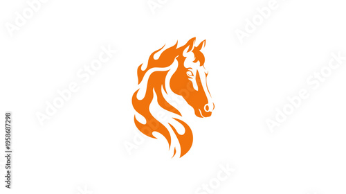 Stylized orange horse head with dynamic flame elements, powerful equine graphic illustration on white background, speed symbol