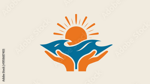 Hands cradling ocean waves under a radiant sun, symbolizing nature conservation, environmental protection, and sustainable care.