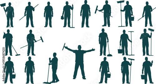 Professional Cleaning Service Worker Silhouette Vector Collection with Janitor Characters Holding Mop Bucket and Squeegee Tools for Commercial Maintenance Housekeeping Graphic Design Projects
