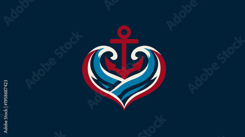 Stylized red anchor and blue waves forming a heart shape on a deep navy background, symbolizing love for the sea.