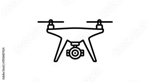 Outline vector icon of a modern drone with a camera. Aerial photography, videography, remote control technology symbol.