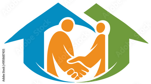 People shaking hands within a house symbol, representing partnership, community, real estate, home ownership, and collaboration.