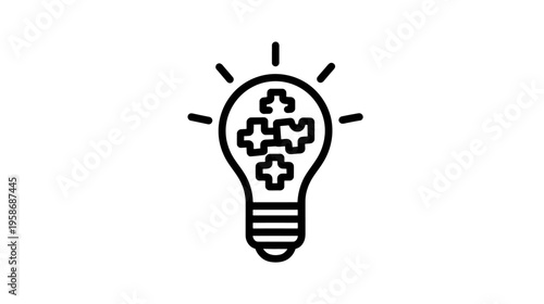 Creative Problem Solving Concept Line Icon. Idea Lightbulb with Interconnected Puzzle Pieces for Strategy and Innovation