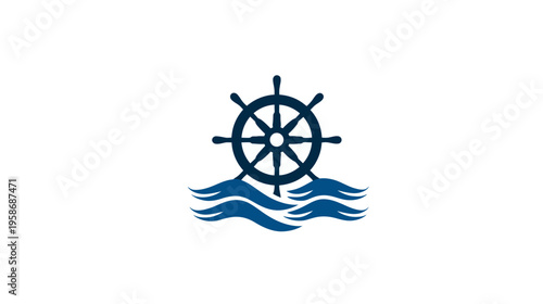 Abstract ship's wheel with blue waves vector illustration. Nautical helm icon for marine, ocean, and sea travel concepts.