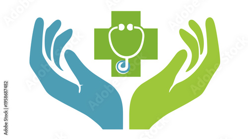 Hands protecting medical cross with stethoscope. Healthcare, medical care, well-being, charity, and health insurance concept.