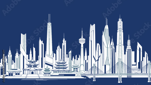 Futuristic white city skyline with towering skyscrapers and traditional temples is set against a solid dark blue background in this art.