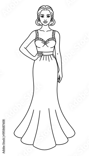 Elegant woman standing in evening gown with slim fit and flared skirt  