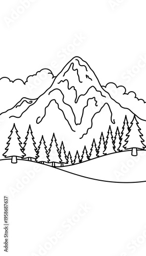 Black and white outline drawing of mountains and pine trees  