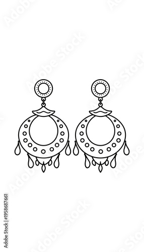Elegant round earrings with dangling beads in outline style  