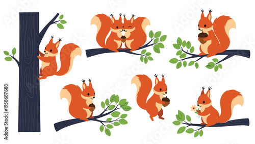 Collection of adorable red squirrels in different poses such as climbing, sitting, and holding acorns on leafy green branches.
