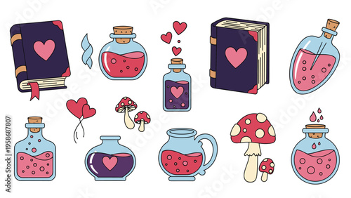 Enchanting collection of magical pink potions in glass bottles, spell books with hearts, and spotted mushrooms on white background.
