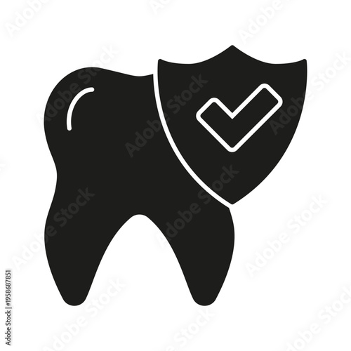 Tooth With Shield And Checkmark Solid Icon. Dental Protection, Oral Health Assurance, And Cavity Prevention Silhouette Symbol. Dental Care Safety. Isolated Vector Illustration