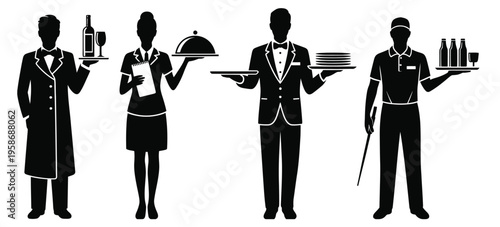Black Silhouette Vector Illustration Set of Restaurant Servers, Including Sommelier, Formal Waiter and Casual Cafe Staff, Hospitality Service Characters Collection for Food Industry Design
