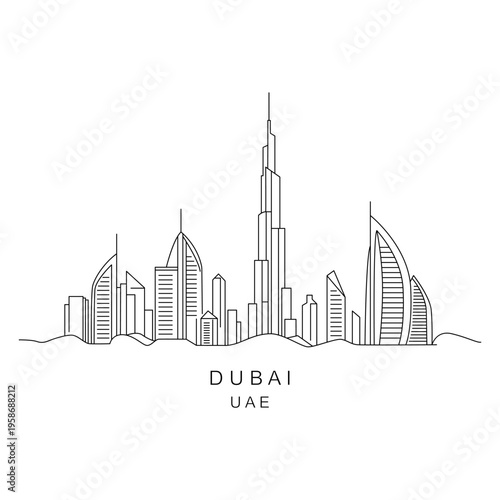 Linear panorama of the city of Dubai in Saudi Arabia. Skyscrapers and modern architecture. Continuous line vector illustration on a white background.