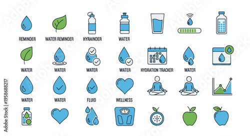 Hydration Tracker Icons: Water Drops, Bottles, Health, Wellness, and Calendar
