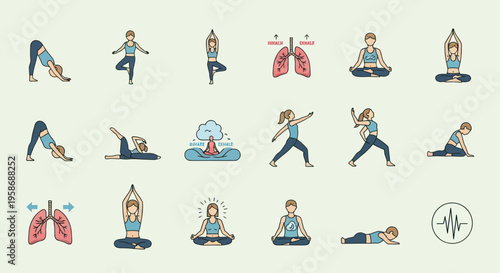 Yoga Poses and Health Icons: Wellness, Flexibility, Breathing Exercises