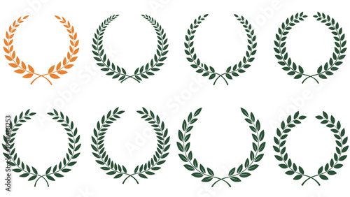 Collection of eight laurel wreaths in various shades of green and one distinctive orange version used for awards and victory symbols.