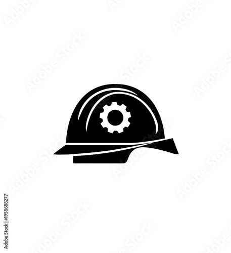 Industrial Safety Hard Hat with Gear Icon. Engineering, Construction, and Mechanic Work Symbol. Vector Illustration.