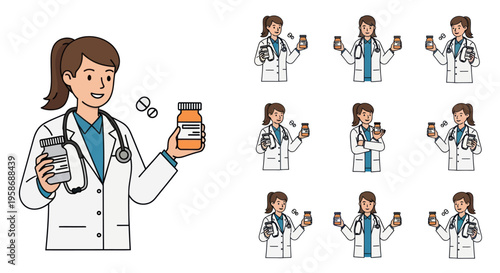 doctor holding pills and smartphone cartoon