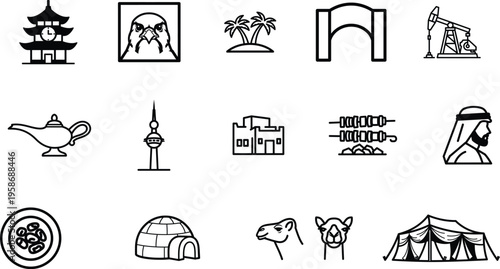 Black and white line icons of various international landmarks and symbols