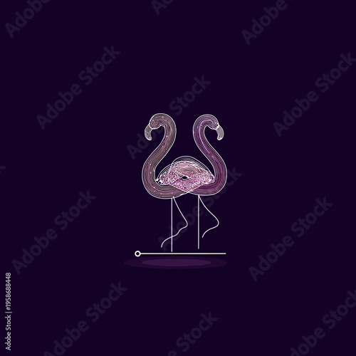 Two elegant stylized flamingos forming a heart shape with their necks, shimmering with pink and purple glitter on a dark background.