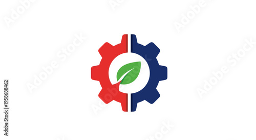 Green leaf inside split gear wheel, symbol for eco-friendly industry and sustainability.