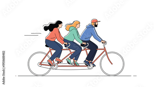 Three friends riding a red tandem bicycle together through a white space depicting teamwork and collaborative outdoor travel.