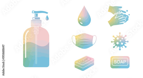 covid-19 protection icons, hand sanitizer, mask, soap