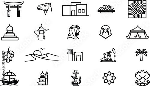 Collection of various cultural and travel related icons and symbols