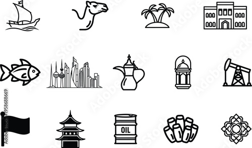 Line icons of various objects and landmarks from around the world in black and white