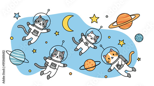 Playful illustration of four cute astronaut cats floating in outer space surrounded by colorful planets, stars, and a crescent moon.