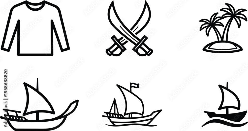 Obraz premium Pirate icons including ships swords and tropical island