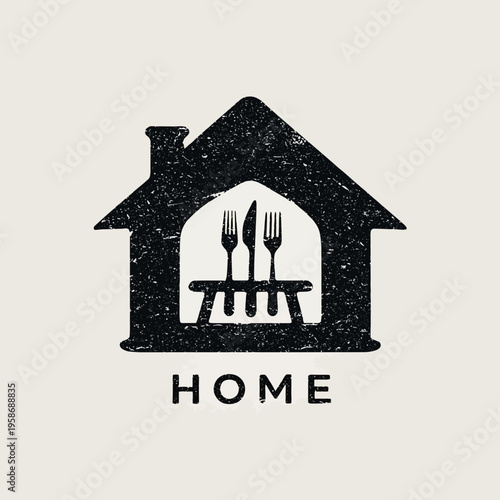 Textured house icon with cutlery and table, symbolizing home dining, homemade food, family meals, or food service delivery concept.