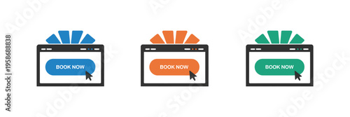 Book now icon set collection, comprehensive set of icons for online booking, reservations, appointments, and service scheduling for travel, events, and hospitality