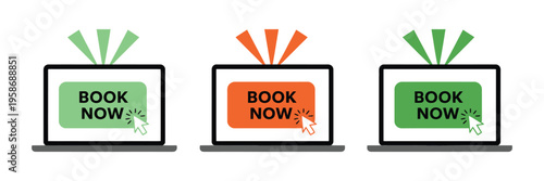 Book now icon set collection, modern line and flat style icons representing booking, scheduling, and reservation actions for apps, websites, and digital services, vector illustration