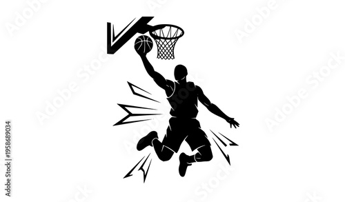 Stylized basketball slam dunk silhouette vector male athlete sports graphic isolated on white