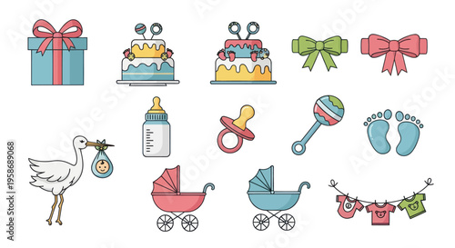 Baby Shower Icons: Stork, Gifts, Cakes, Strollers, Footprints, Pacifier, Rattle, Clothing Line