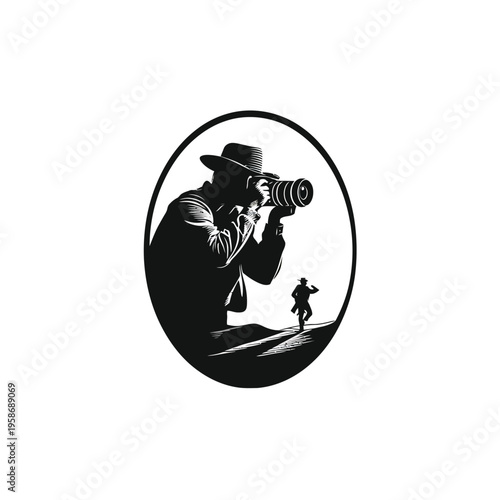 Retro silhouette of a photographer in a fedora and trench coat with a long lens, observing a distant person. Investigation, surveillance.