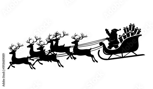 Flying Santa Claus sleigh with reindeer and presents vector silhouette Christmas graphic elements