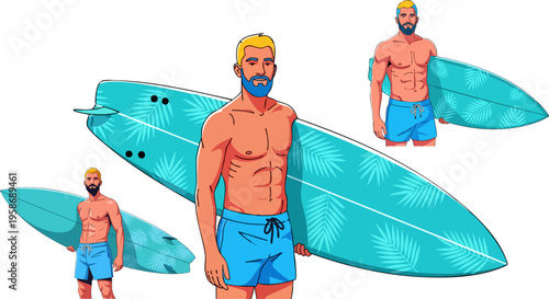 Athletic male surfer character with blue beard holding surfboard, muscular man in blue swim trunks, tropical summer beach lifestyle vector illustration