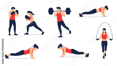 Selection of men and women performing different fitness activities such as boxing, weightlifting, pushups, and skipping rope.