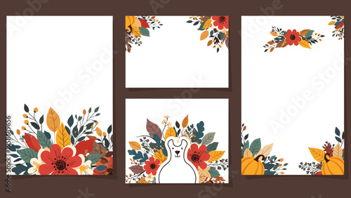 Elegant set of autumn themed stationery borders featuring pumpkins, fall leaves, and vibrant red flowers on white backgrounds.