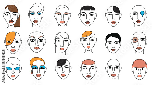 Artistic collection of fifteen female faces featuring creative and colorful makeup designs with bold eye shadows and geometric hair patterns.